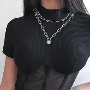 Punk Double Layers Lock Chain Necklace Women Gothic Link Chain Stainless Steel Metal collar Padlock Pendant Statement Necklace